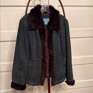 Nine West Y2K Denim Jacket Real Rabbit Fur Trim Large